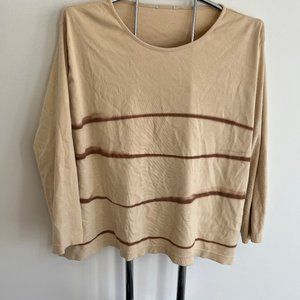Women's Long Sleeve Tan T-Shirt w Stripes - Plus Size 32/34